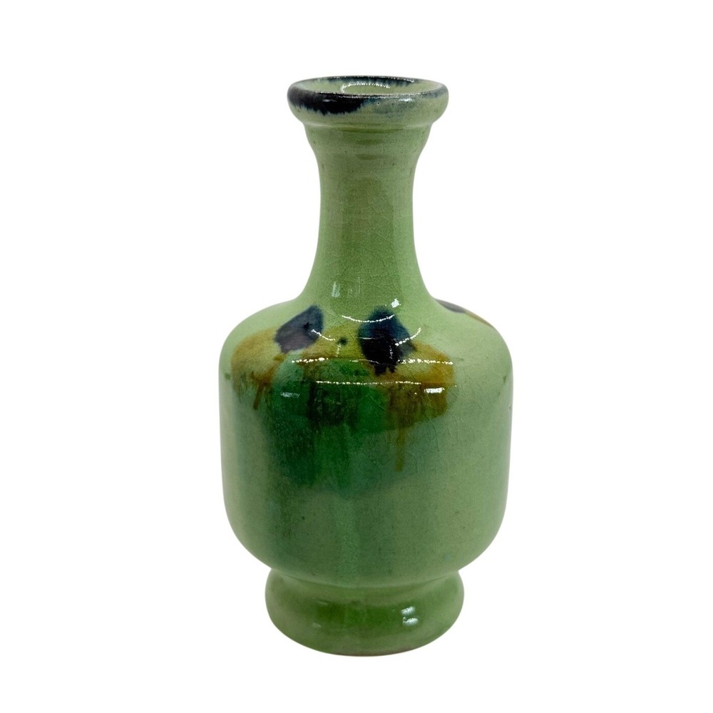VTG Action Hand Crafted Ceramic Bud Vase Small Green‎ Drip Glaze Boho MCM Decor